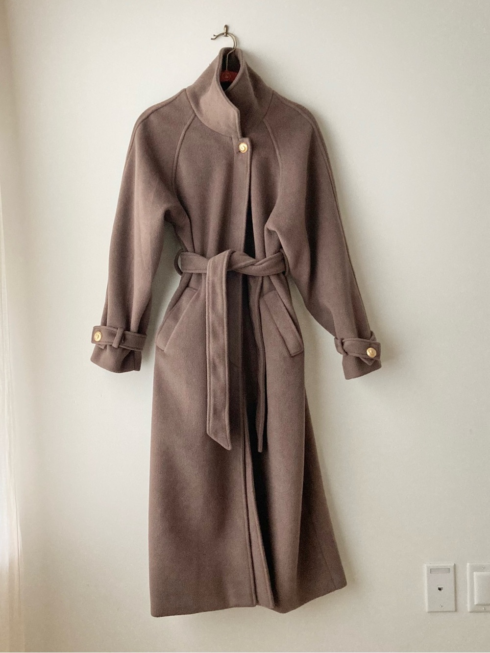 cocoon kimono wrap robe trench overcoat top coat belted full length cocoa brown